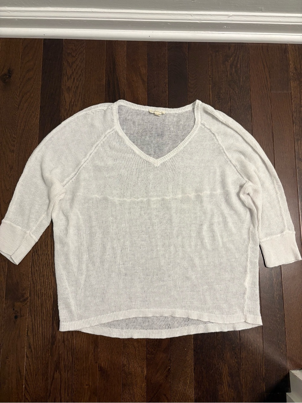 Eileen Fisher 100% Linen V-Neck Open Knit Sweater White Womens Small Coastal